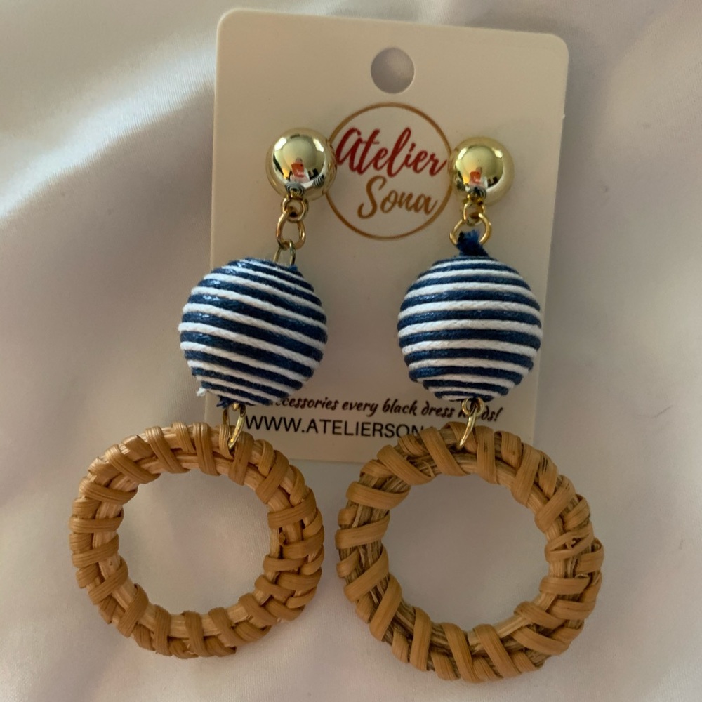 Pom Pom Rattan Straw Earrings